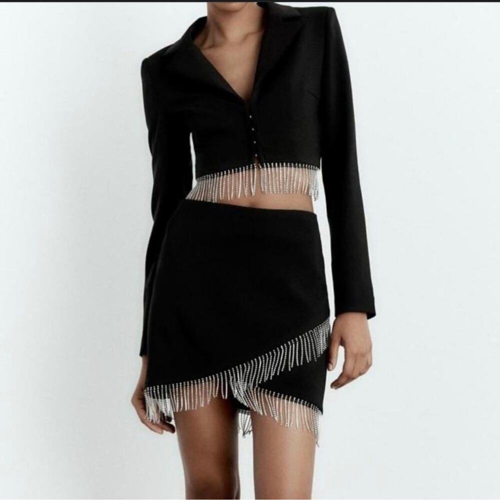 House of Harlow 1960 Black Rhinestone Fringe Blazer Mini Skirt Set Women’s Small - Picture 2 of 15